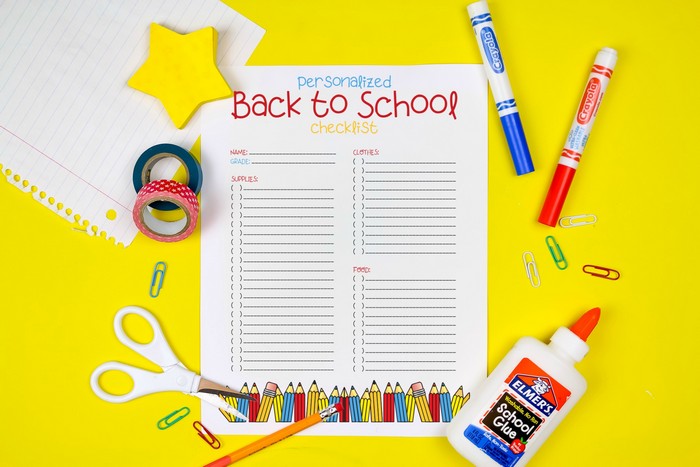 Back to School Checklist printable on a yellow background with school supplies