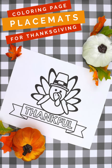 Thanksgiving coloring page printable on a plaid background with pumpkins