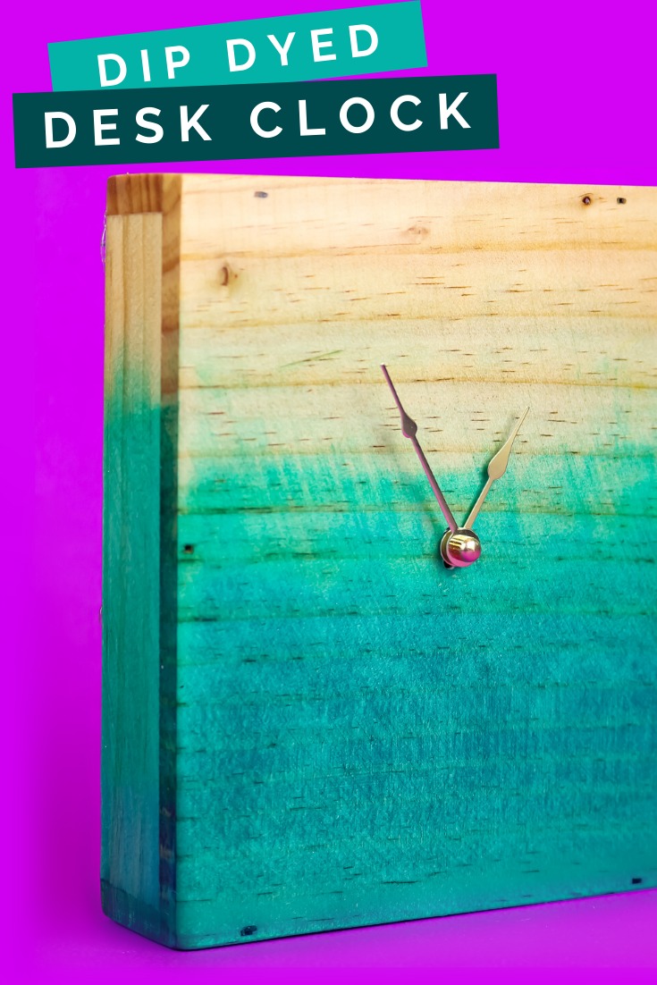 dip dyed teal and wood desk clock on a purple background