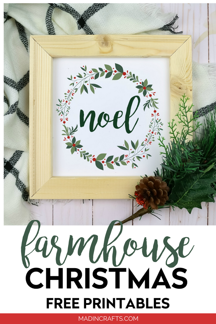 Noel printable in a wood frame with pine branch