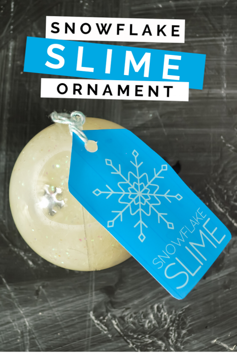 plastic ornament filled with slime, blue tag on a black background