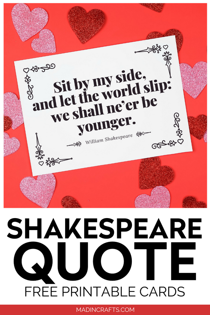 White card with Shakespeare quote on a red background with hearts