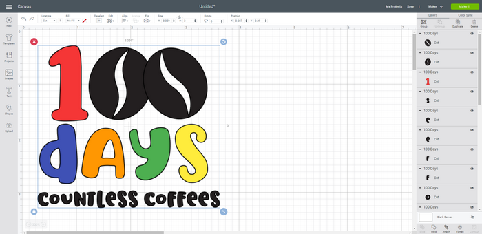 100 Days Countless Coffees SVG design in Design space