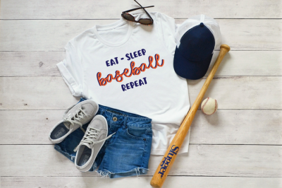 shoes, ball cap, bat, baseball, sunglasses, shoes, and t-shirt that reads Eat Sleep Baseball Repeat in vinyl