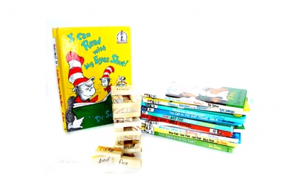 Dr. Seuss Jenga and stack of Dr Seuss books