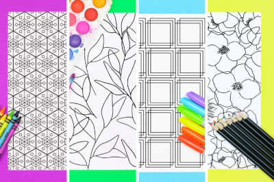 Collage of coloring pages with markers and paints