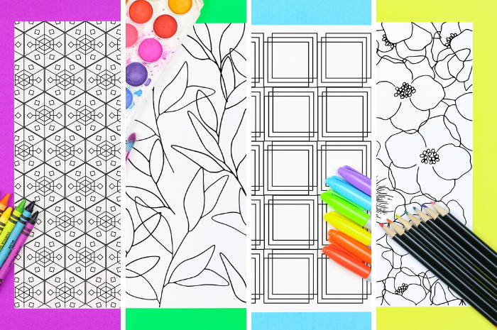 Collage of coloring pages with markers and paints