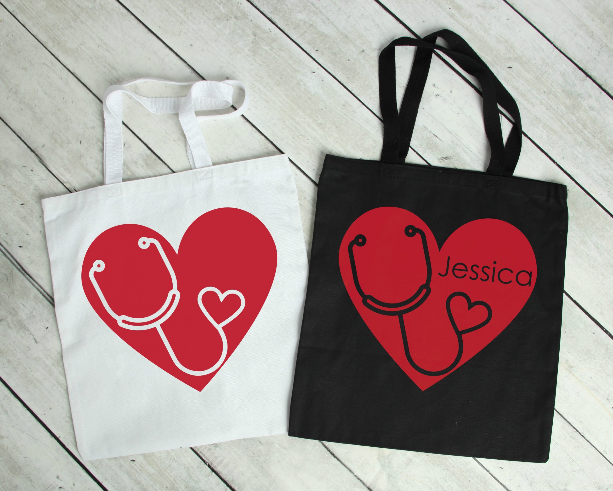 2 tote bags with stethoscope heart SVG design