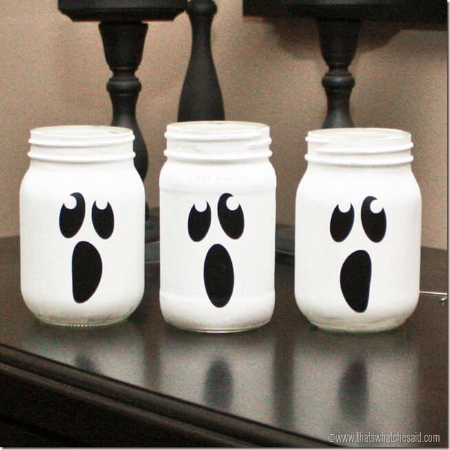 3 ghost painted mason jars 