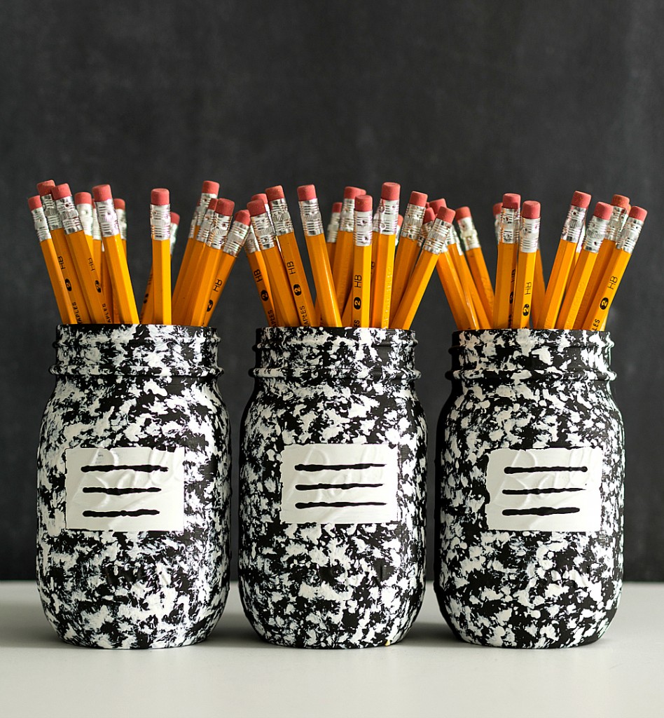 3 composition notebook painted mason jars filled with pencils