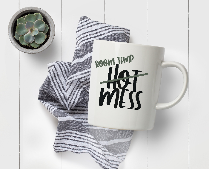 Succulent, farmhouse towel, and a White mug that reads Room Temp Mess in vinyl