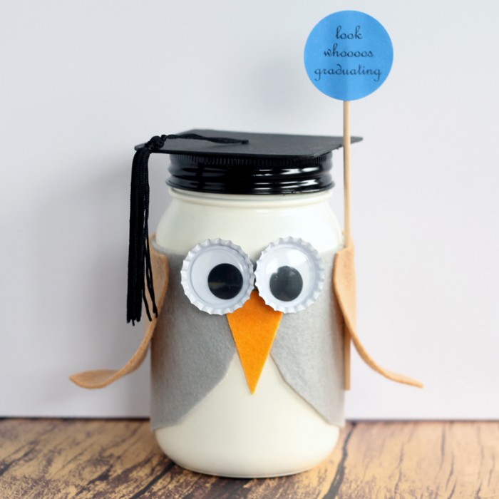 owl with graduation cap painted mason jar on a white background