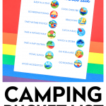 camping trip bucket list printable on a rainbow background