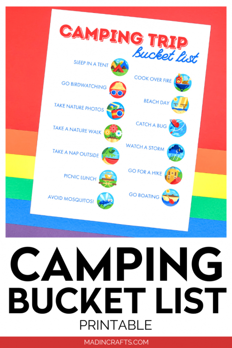 camping trip bucket list printable on a rainbow background