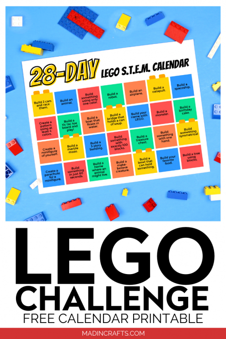 Colorful STEM challenge printable on a blue background with LEGO pieces