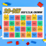 Printable STEM calender on a blue background with LEGO pieces
