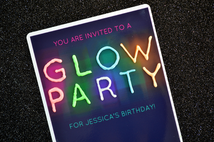 Printable glow party invitation on a black background