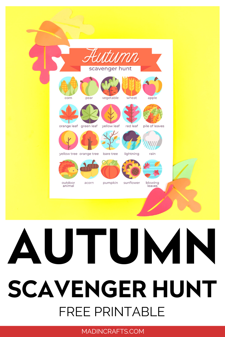 Autumn Scavenger hunt printable with colorful paper leaves on a yellow background