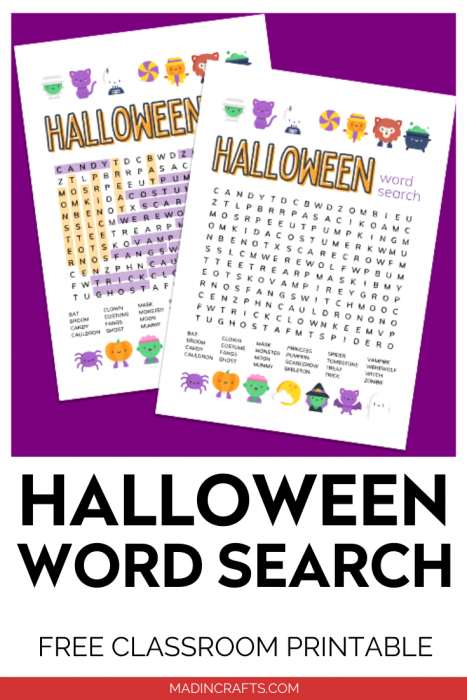Halloween word search printables on purple background