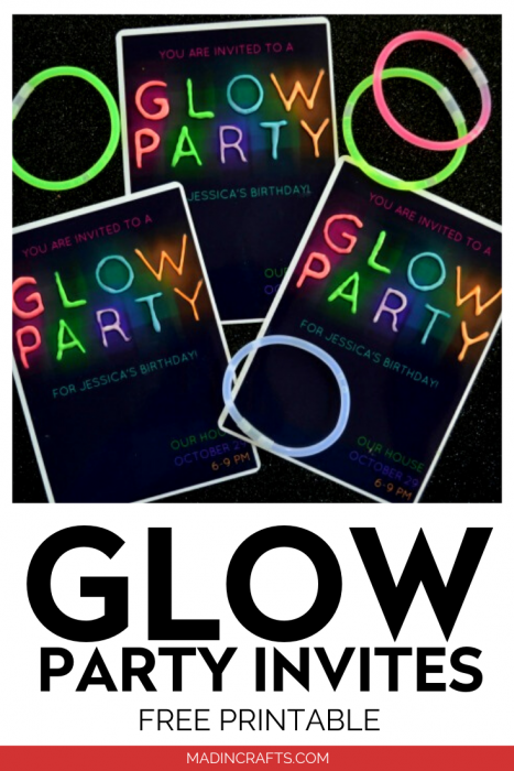 Glow party invitations and glow bracelets on a black background