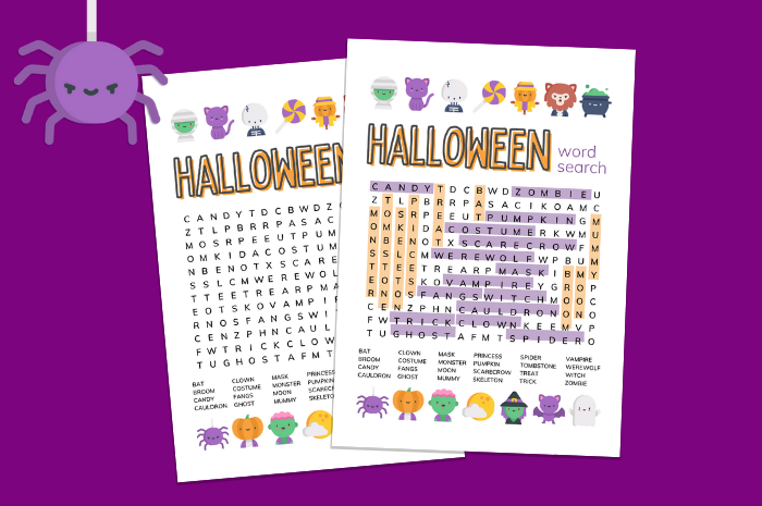 Halloween word search printables on a purple background with a cartoon spider