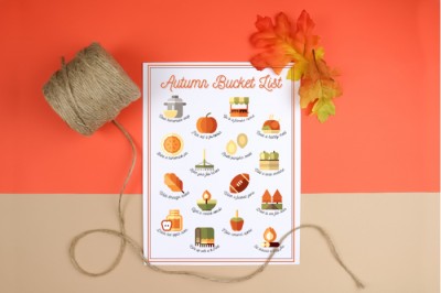 Autumn bucket list printable with twine on an orange and tan background