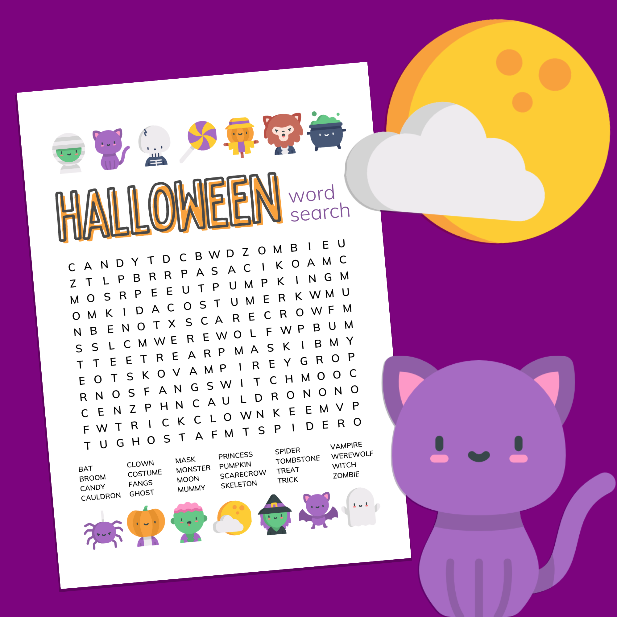 Halloween word search printable on a purple background with a cartoon spider
