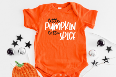 Little pumpkin lotta spice SVG on an orange onesie