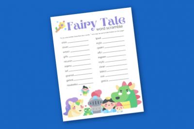 Fairy Tale word scramble printable on a blue background