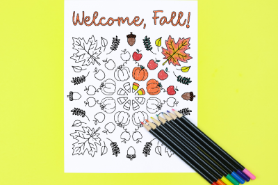 Welcome Fall coloring page with colored pencils on a yellow background