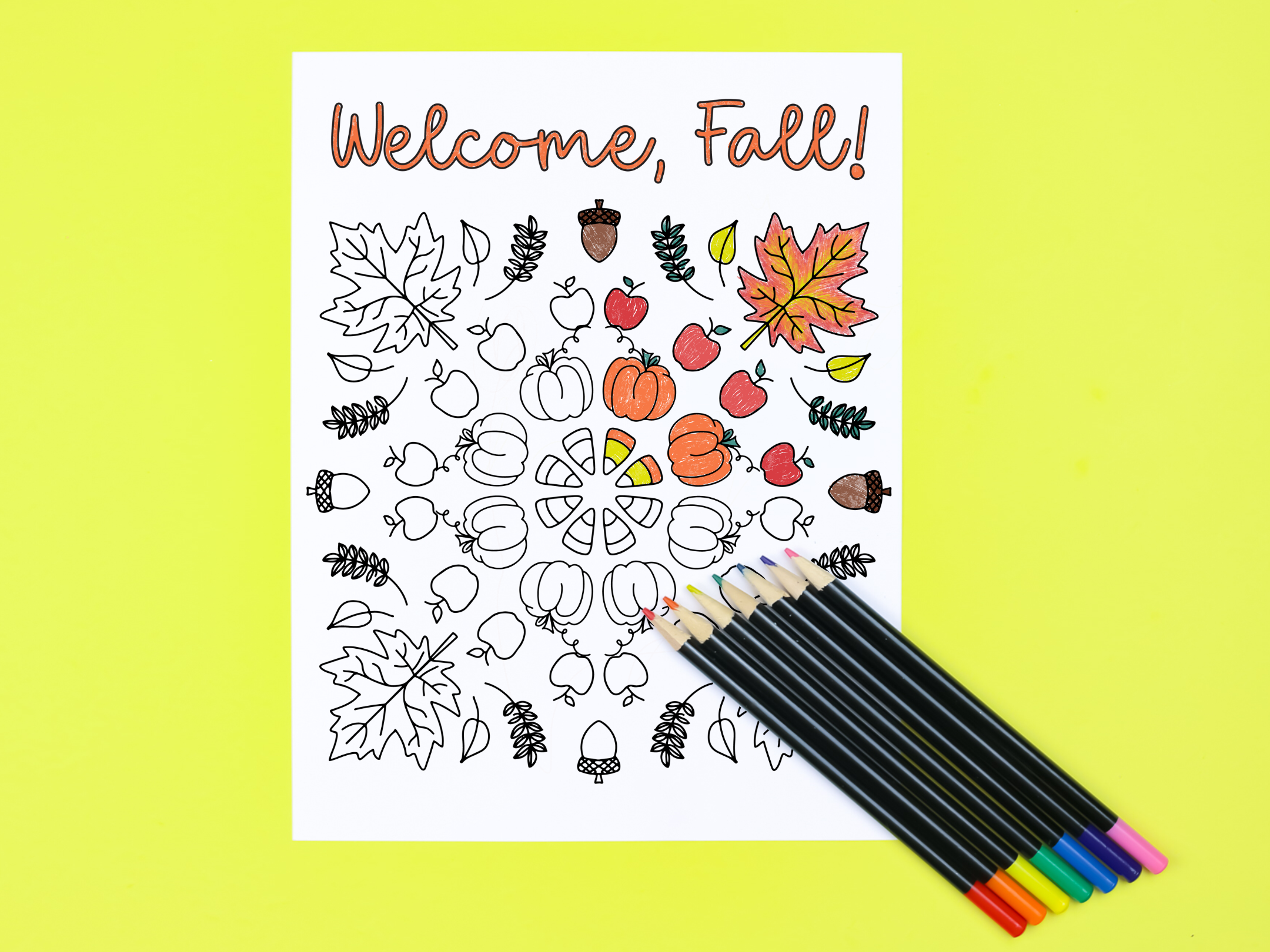 Welcome Fall coloring page with colored pencils on a yellow background