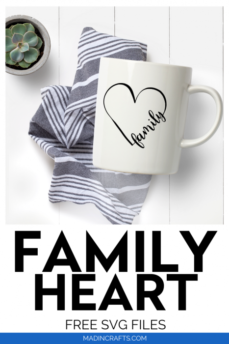 Family heart SVG design on a white mug next to succulents
