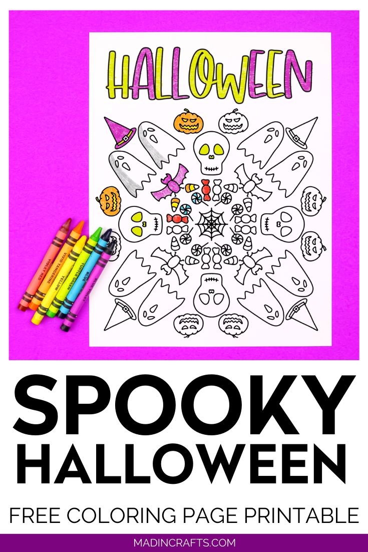 Halloween coloring page with crayons on a purple background