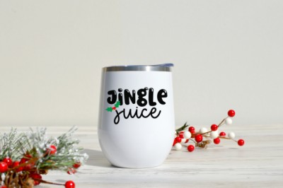 Jingle Juice SVG design on a white wine tumbler