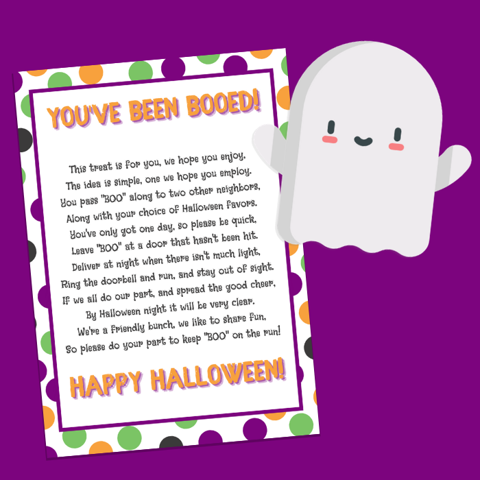 You\'ve Been Booed printable and cartoon ghost on a purple background