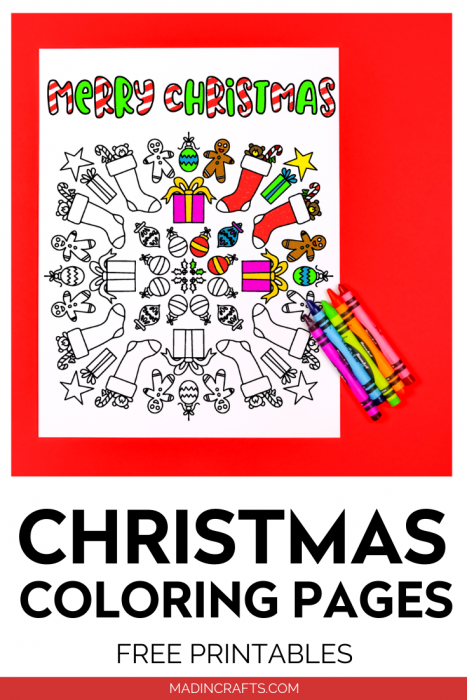 Printable Christmas coloring page with crayons on a red background