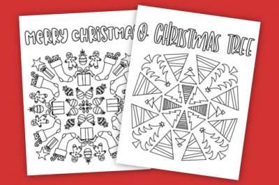 Christmas coloring pages on a red background