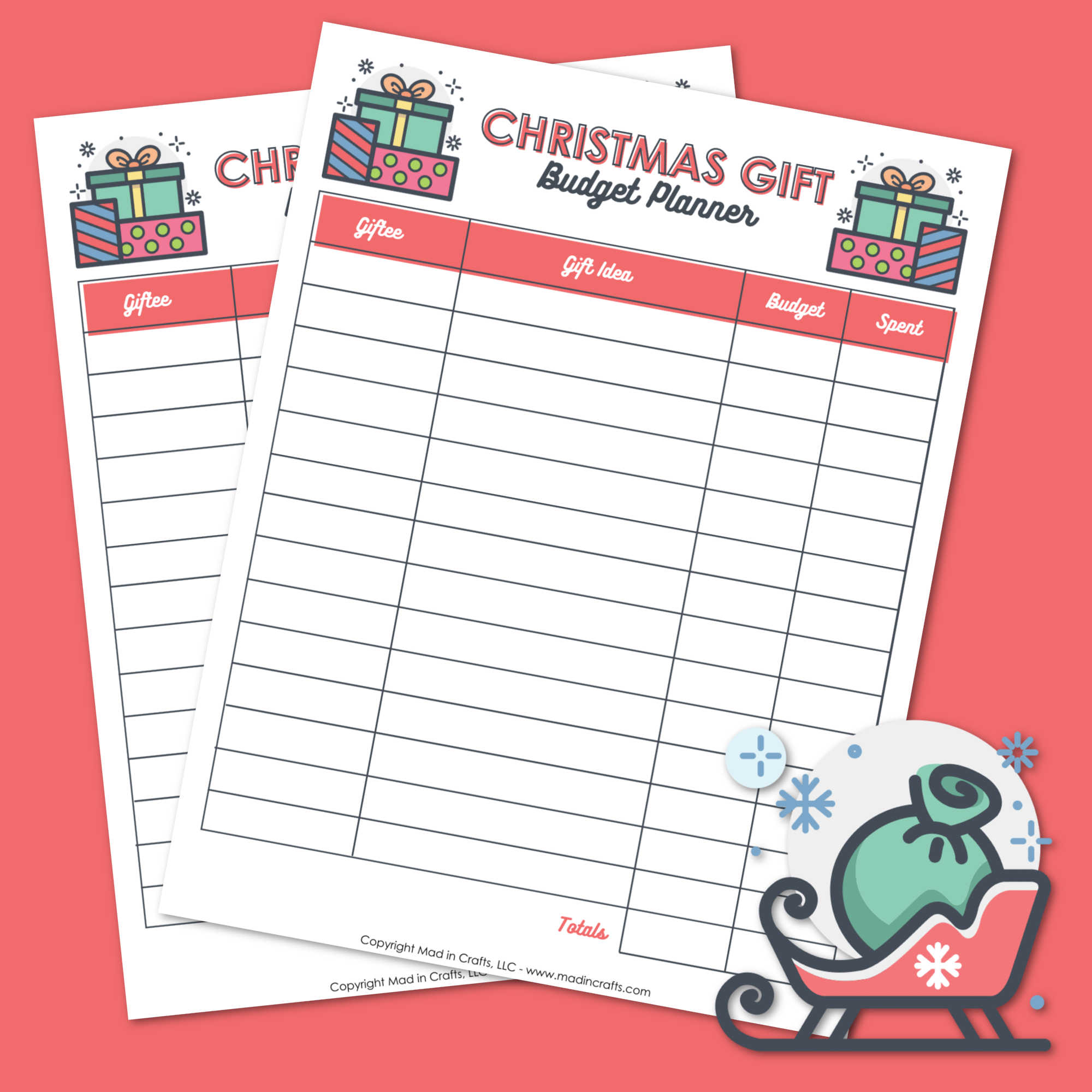 Christmas budget printables on a red background