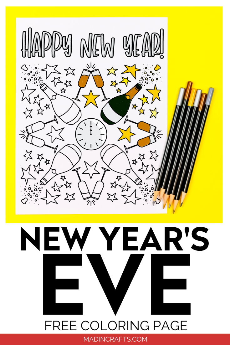 Printable New Year\'s coloring page with colored pencils on a yellow background