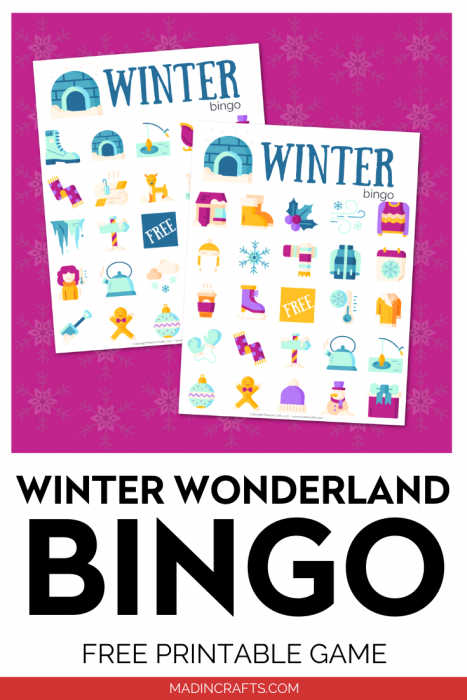 Printable Winter Bingo Cards on a purple background