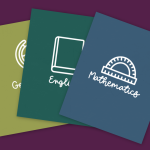 three folders with school subject SVG designs on the covers