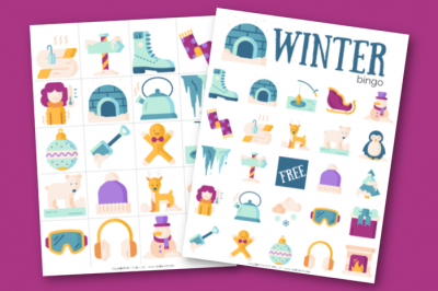 Winter Bingo Game printables on a purple background