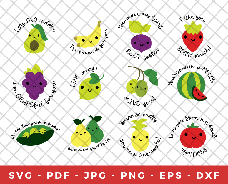 Collage of smiling fruit and vegetable SVG designs