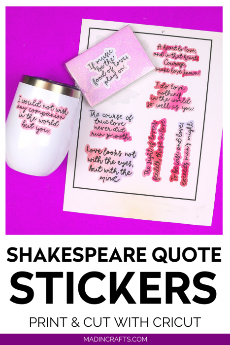 Sheet of Shakespeare stickers and tumbler and notebook