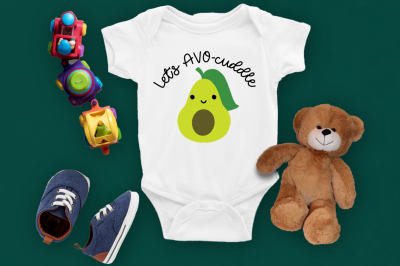 let's AVOcuddle onesie near toys and baby shoes