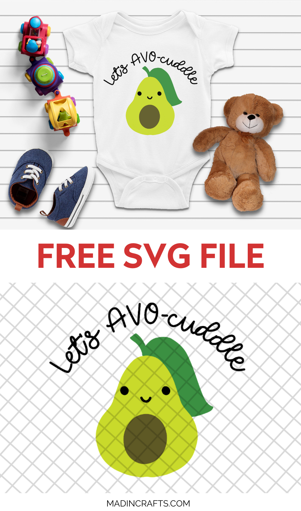 Collage of Let's AVO-cuddle SVG on baby onesie