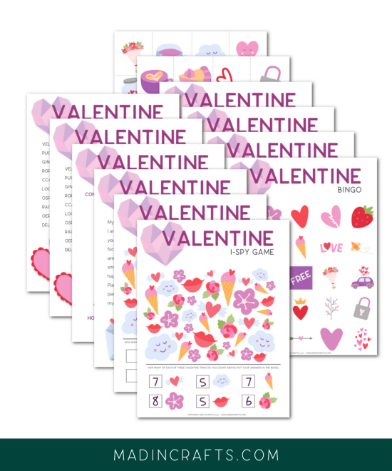 collage of printable classroom Valentines Day activities