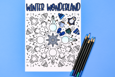 Winter coloring page and colored pencils on a blue background