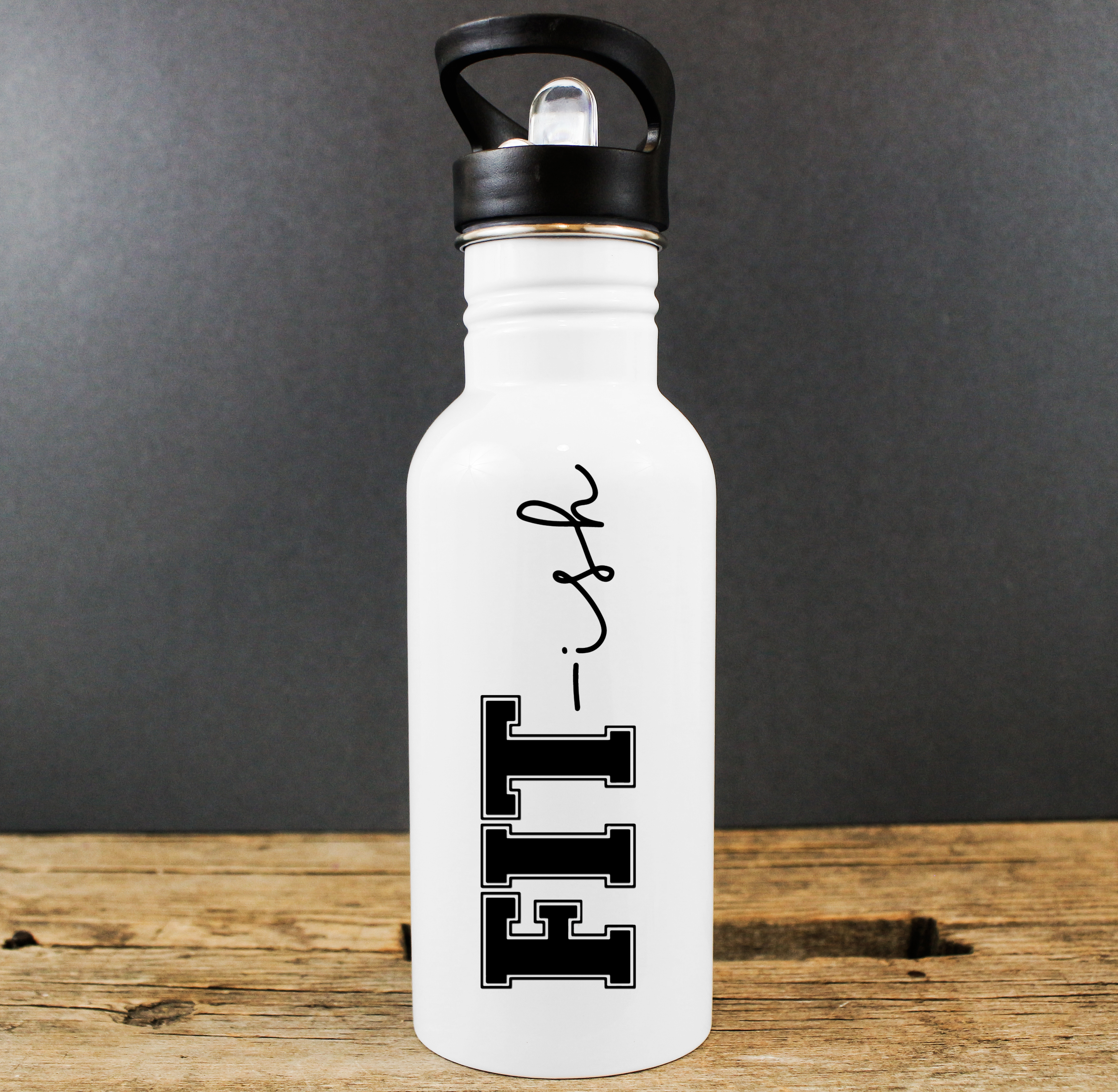 White water bottle with black vinyl FIT-ish SVG design