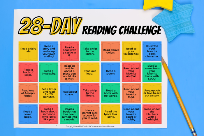 Colorful Printable reading challenge calendar on a blue background